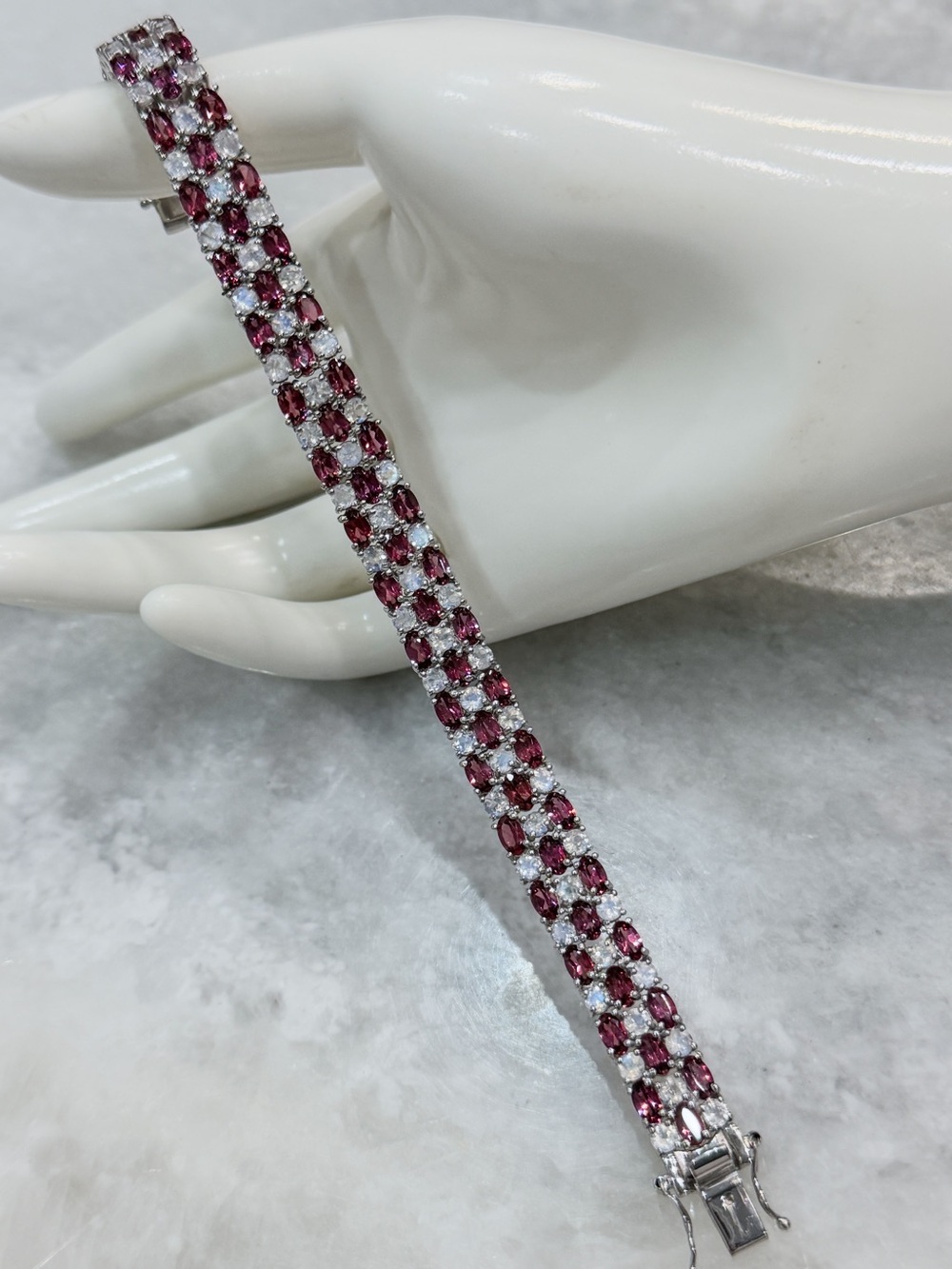 Tanzanian Wine Garnet Rainbow Moonstone 3 Row 7.25” Bracelet